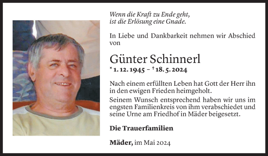 Todesanzeige von Günter Schinnerl von Vorarlberger Nachrichten