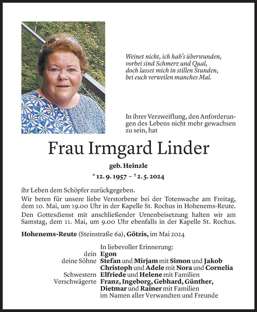 Todesanzeige für Irmgard Linder vom 07.05.2024 aus Vorarlberger Nachrichten