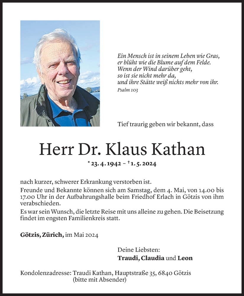  Todesanzeige für Klaus Kathan vom 03.05.2024 aus Vorarlberger Nachrichten