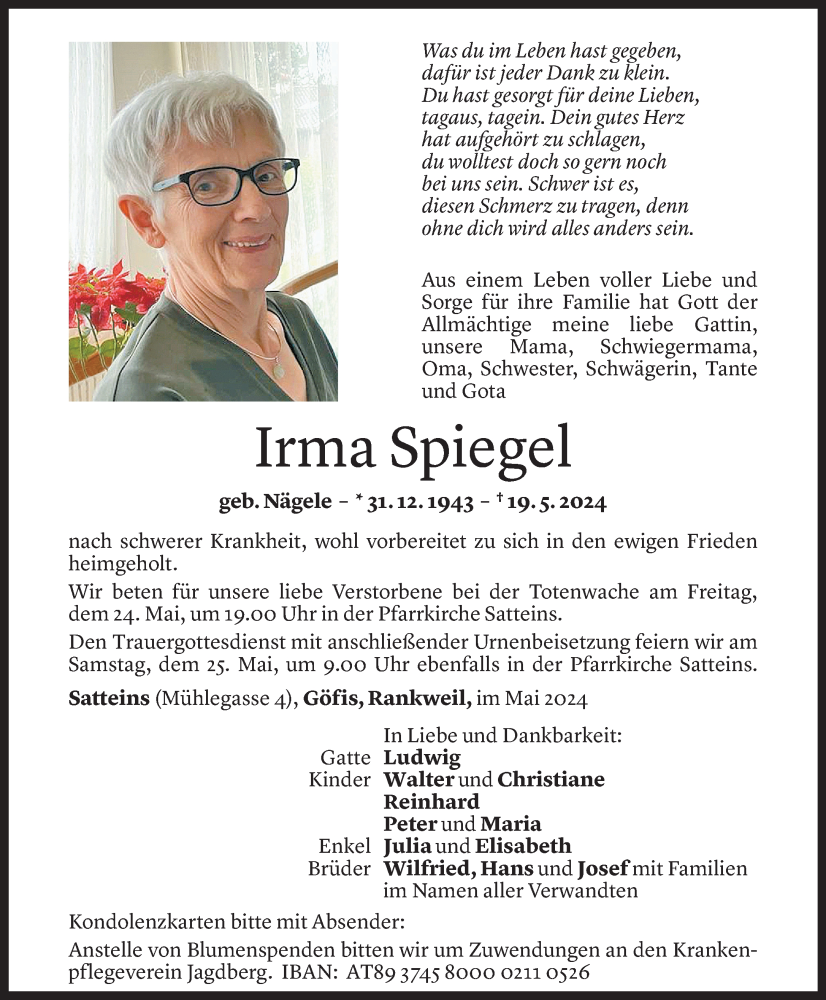  Todesanzeige für Irma Spiegel vom 22.05.2024 aus Vorarlberger Nachrichten