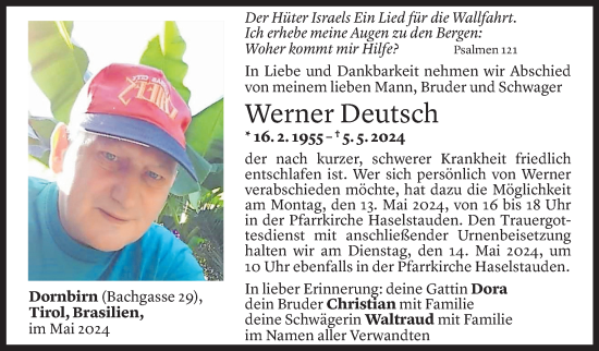 Todesanzeige von Werner Deutsch von Vorarlberger Nachrichten