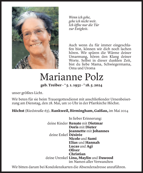 Todesanzeige von Marianne Polz von Vorarlberger Nachrichten