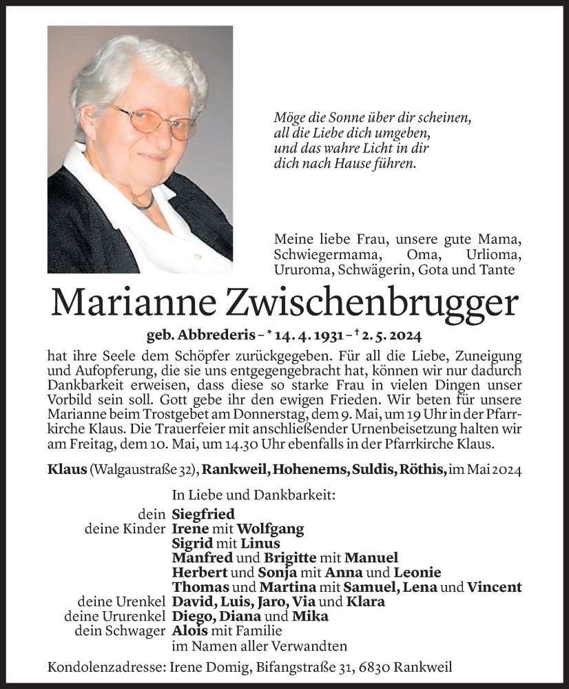  Todesanzeige für Marianne Zwischenbrugger vom 07.05.2024 aus Vorarlberger Nachrichten