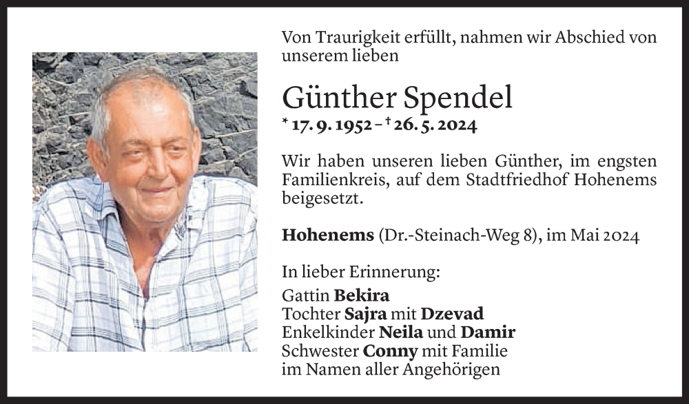  Todesanzeige für Günther Spendel vom 04.06.2024 aus Vorarlberger Nachrichten