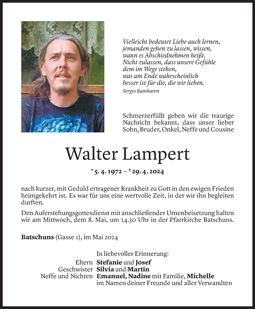  Todesanzeige für Walter Lampert vom 06.05.2024 aus Vorarlberger Nachrichten