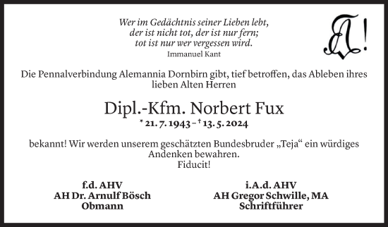 Todesanzeige von Norbert Fux von Vorarlberger Nachrichten
