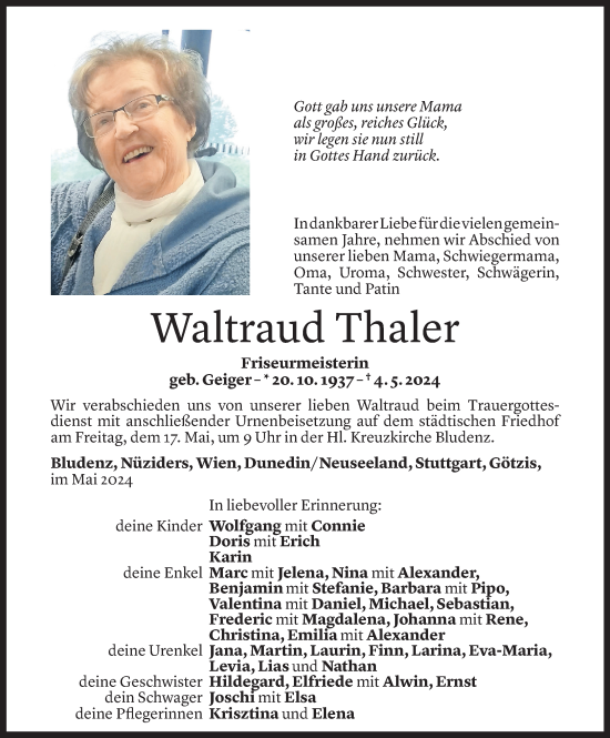 Todesanzeige von Waltraud Thalerr von Vorarlberger Nachrichten