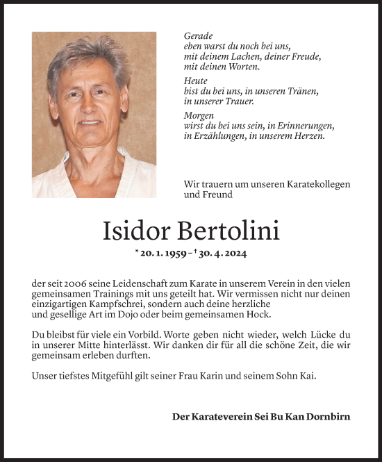 Todesanzeige von Isidor Bertolini von Vorarlberger Nachrichten
