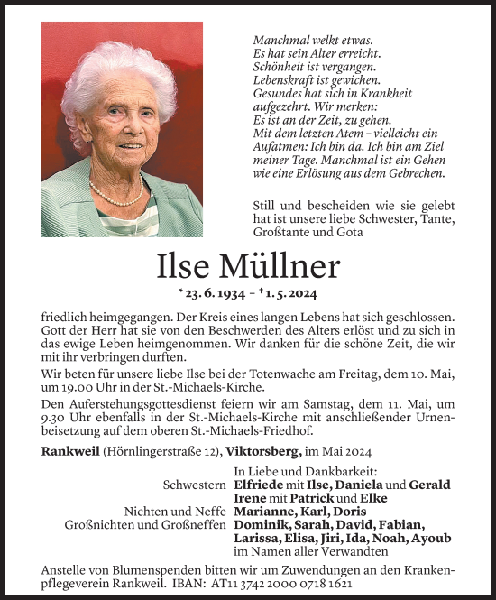 Todesanzeige von Ilse Müllner von Vorarlberger Nachrichten