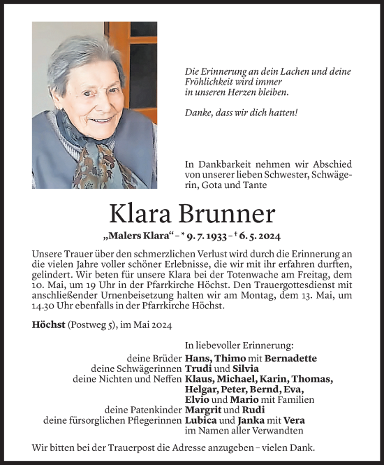 Todesanzeige von Klara Brunner von Vorarlberger Nachrichten