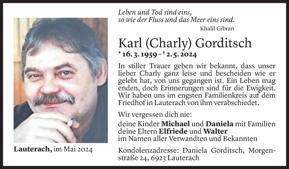  Todesanzeige für Karl Gorditsch vom 25.05.2024 aus Vorarlberger Nachrichten
