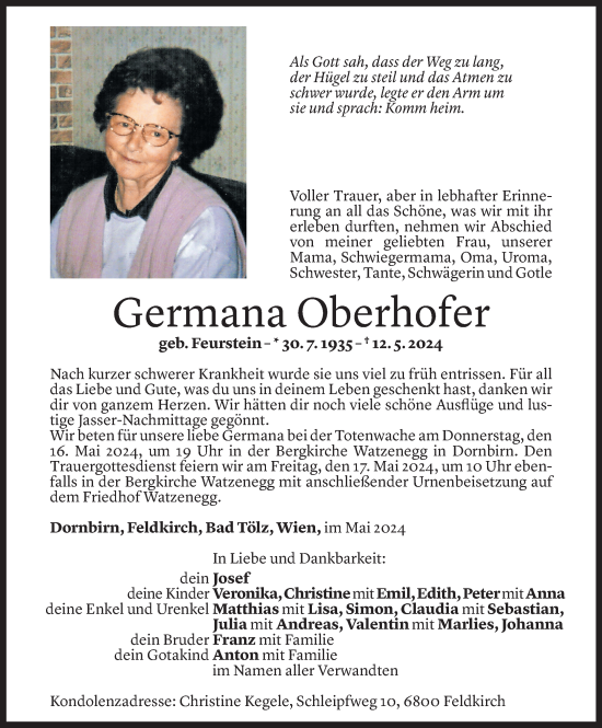 Todesanzeige von Germana Oberhofer von Vorarlberger Nachrichten