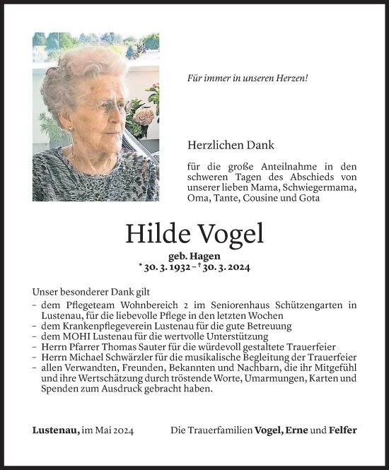 Todesanzeige von Hilde Vogel von Vorarlberger Nachrichten