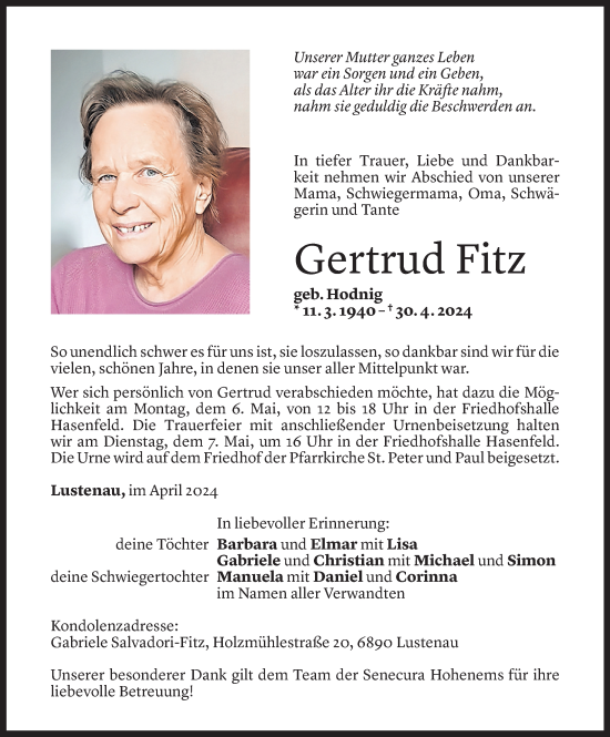 Todesanzeige von Gertrud Fitz von Vorarlberger Nachrichten