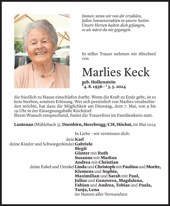 Todesanzeige von Marlies Keck von Vorarlberger Nachrichten