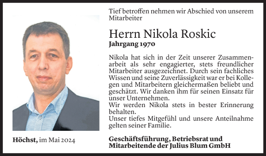 Todesanzeige von Nikola Roskic von Vorarlberger Nachrichten