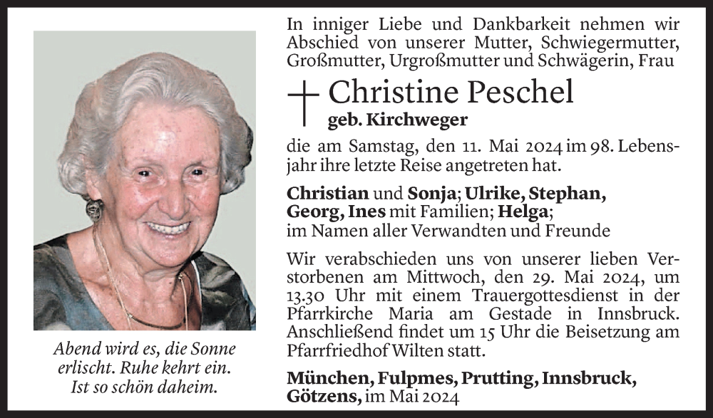  Todesanzeige für Christine Peschel vom 25.05.2024 aus Vorarlberger Nachrichten