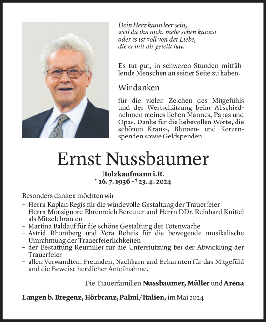Todesanzeige von Ernst Nussbaumer von Vorarlberger Nachrichten