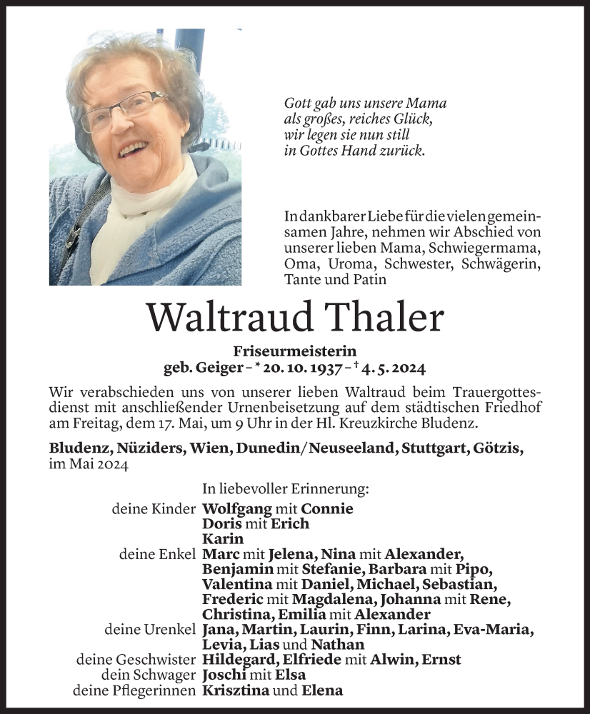  Todesanzeige für Waltraud Thalerr vom 15.05.2024 aus Vorarlberger Nachrichten