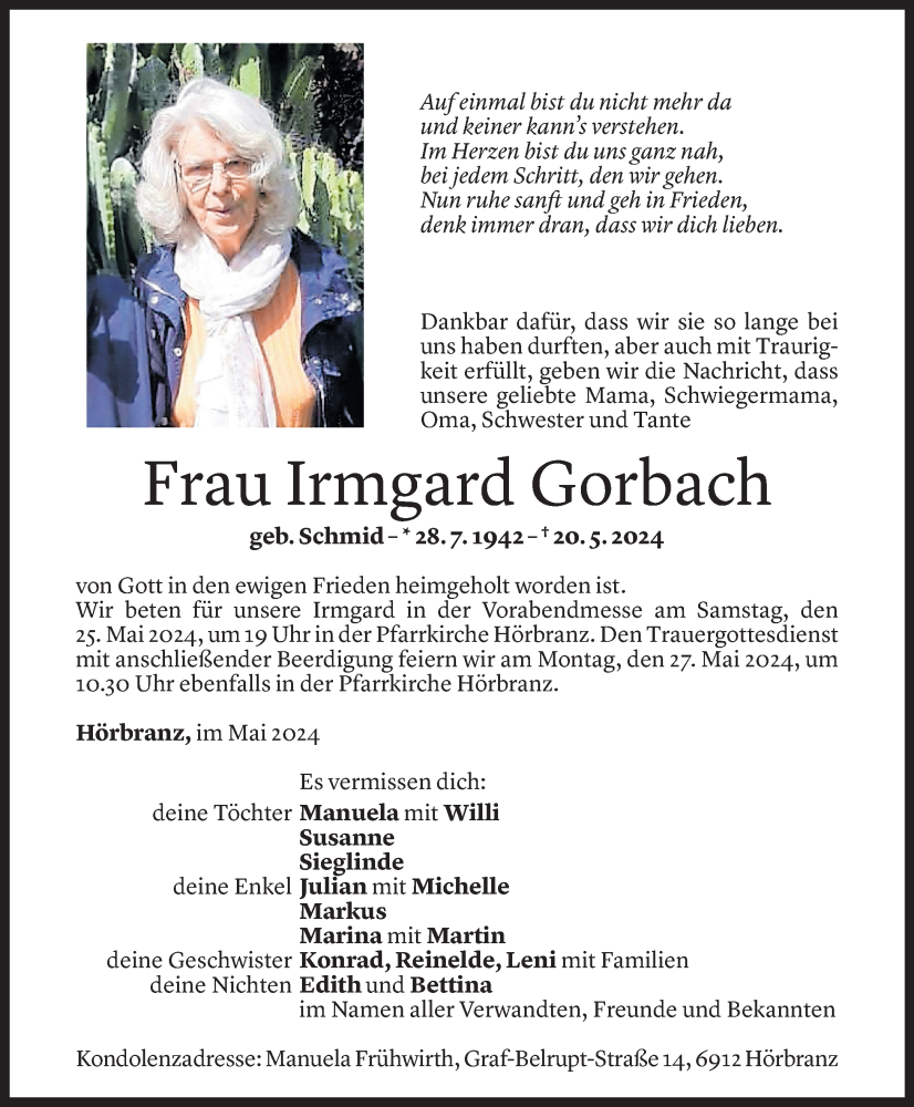  Todesanzeige für Irmgard Gorbach vom 23.05.2024 aus Vorarlberger Nachrichten