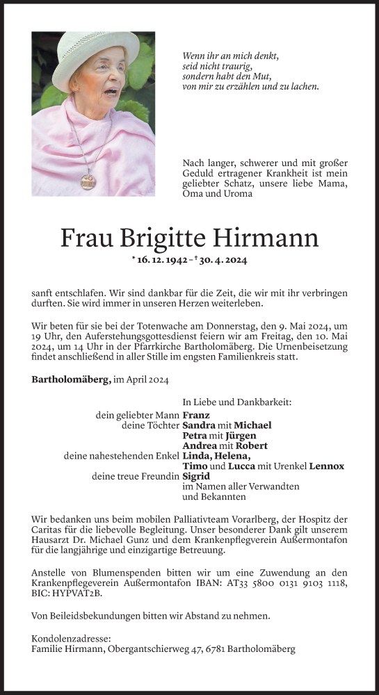 Todesanzeige von Brigitte Hirmann von Vorarlberger Nachrichten