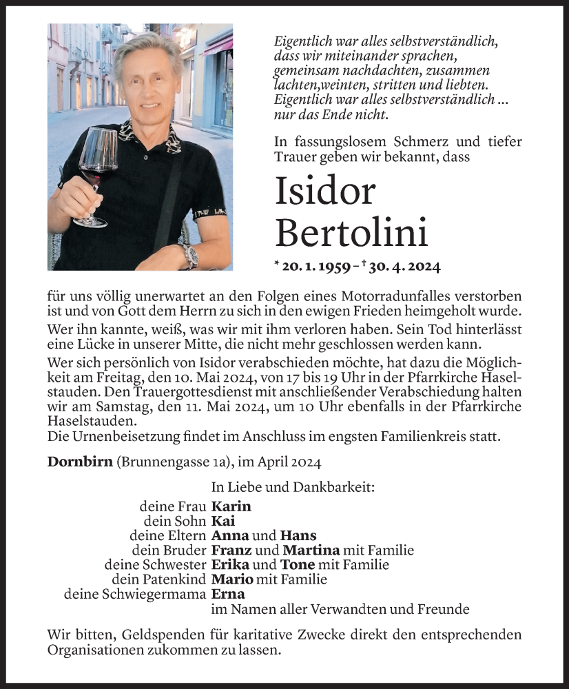  Todesanzeige für Isidor Bertolini vom 08.05.2024 aus Vorarlberger Nachrichten