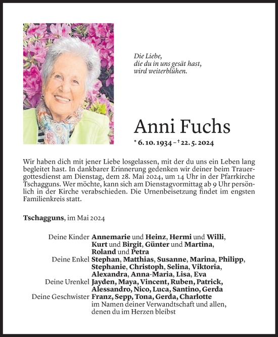 Todesanzeige von Anni Fuchs von Vorarlberger Nachrichten