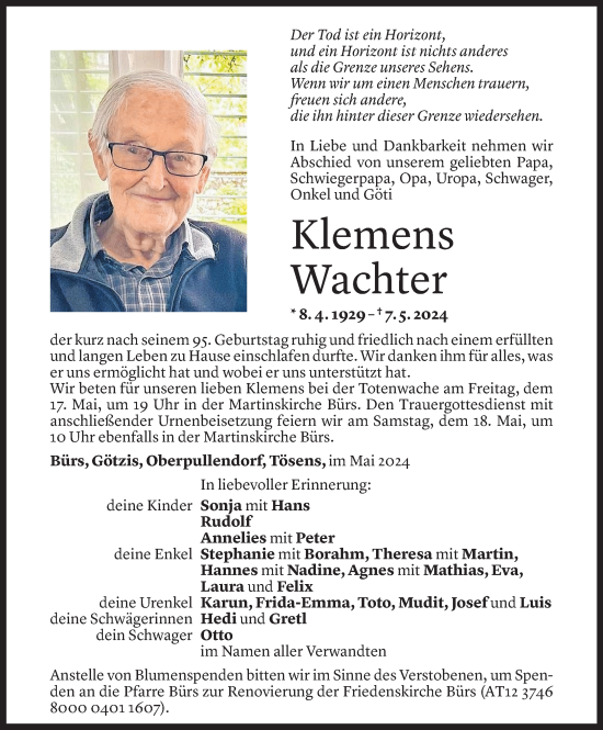 Todesanzeige von Klemens Wachter von Vorarlberger Nachrichten