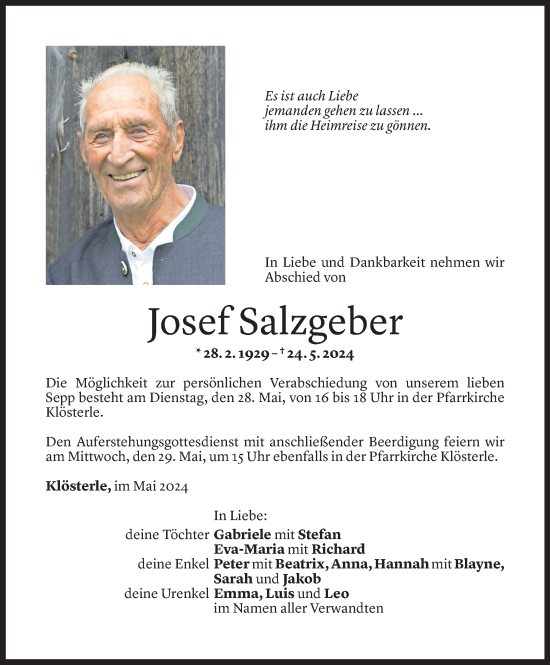 Todesanzeige von Josef Salzgeber von Vorarlberger Nachrichten