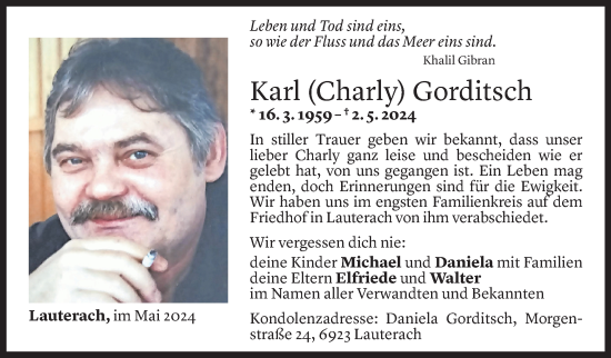 Todesanzeige von Karl Gorditsch von Vorarlberger Nachrichten