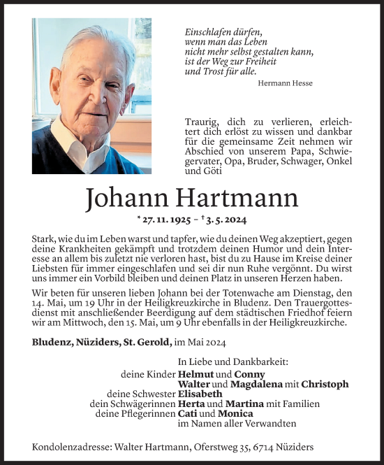 Todesanzeige von Johann Hartmann von Vorarlberger Nachrichten