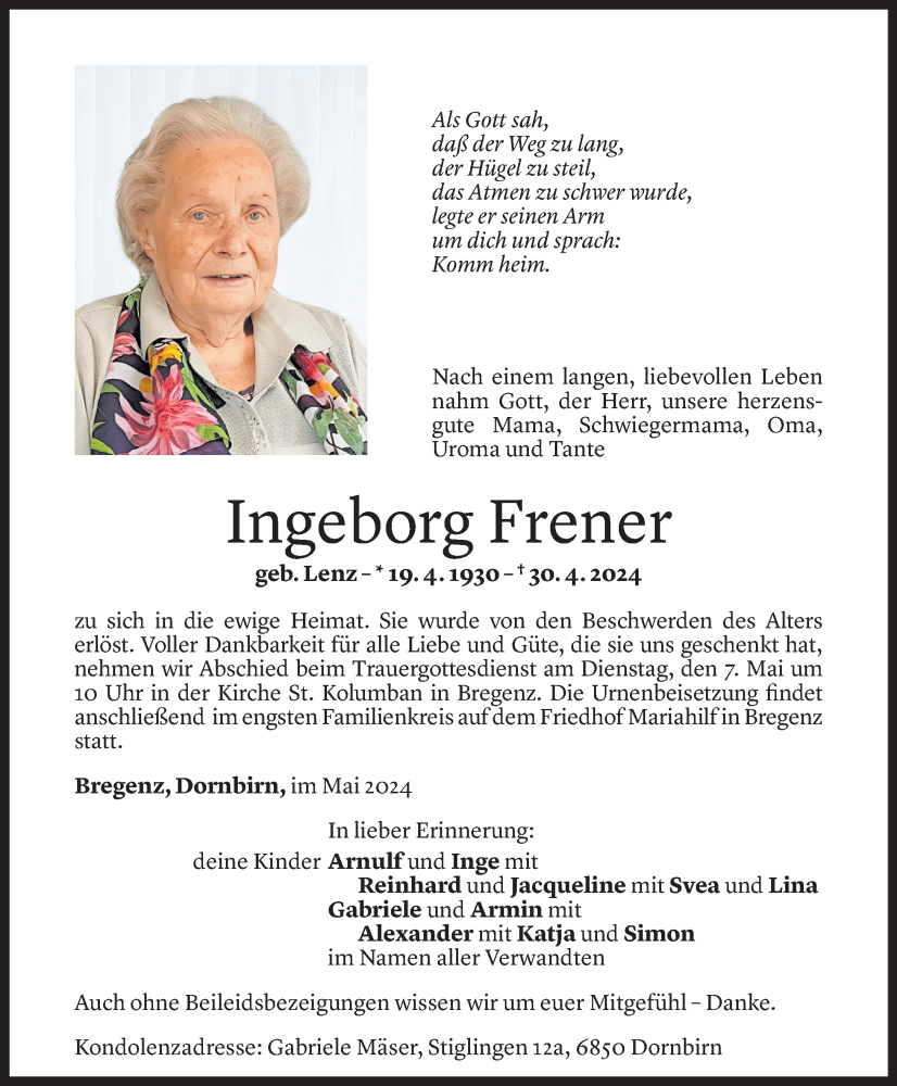  Todesanzeige für Ingeborg Frener vom 04.05.2024 aus Vorarlberger Nachrichten