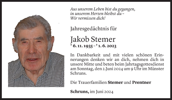 Todesanzeige von Jakob Stemer von Vorarlberger Nachrichten