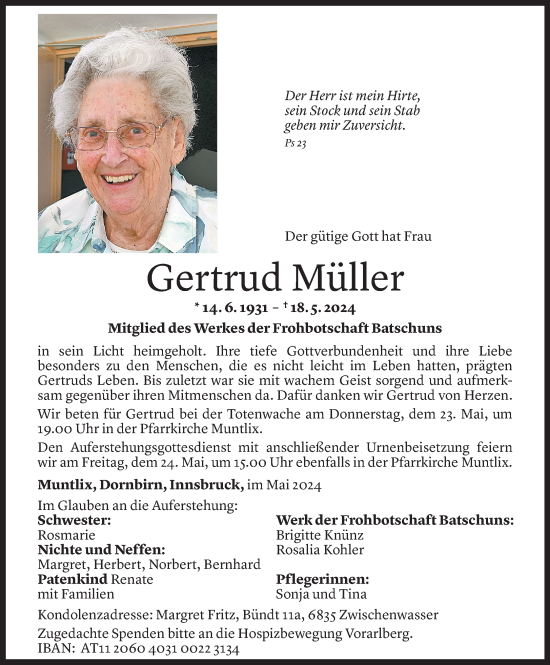 Todesanzeige von Gertrud Müller von Vorarlberger Nachrichten