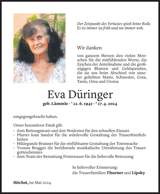 Todesanzeige von Eva Düringer von Vorarlberger Nachrichten