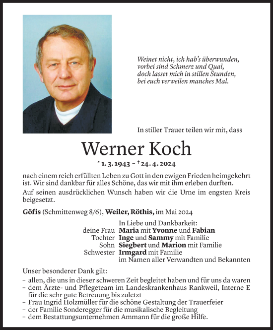 Todesanzeige von Werner Koch von Vorarlberger Nachrichten