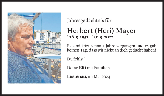Todesanzeige von Herbert Mayer von Vorarlberger Nachrichten