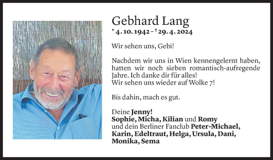 Todesanzeige von Gebhard Lang von Vorarlberger Nachrichten