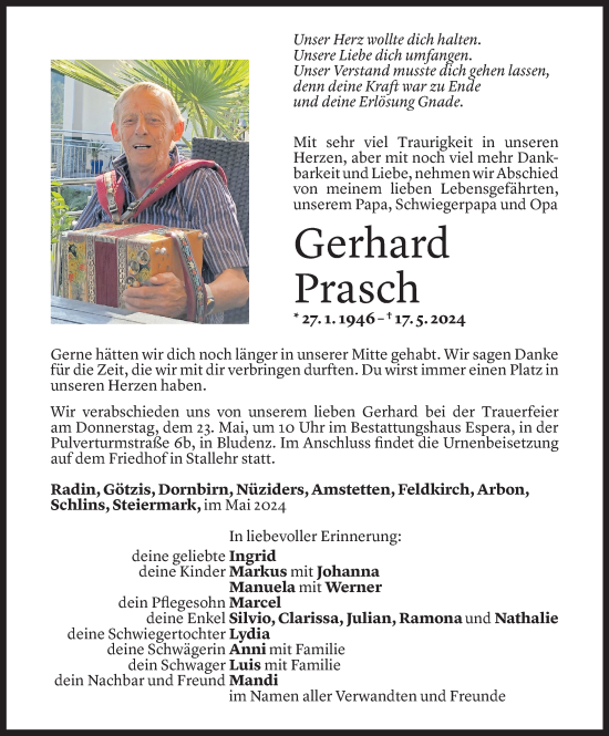 Todesanzeige von Gerhard Prasch von Vorarlberger Nachrichten
