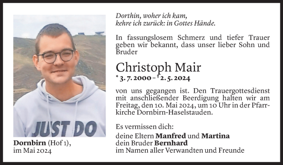 Todesanzeige von Christoph Mair von Vorarlberger Nachrichten
