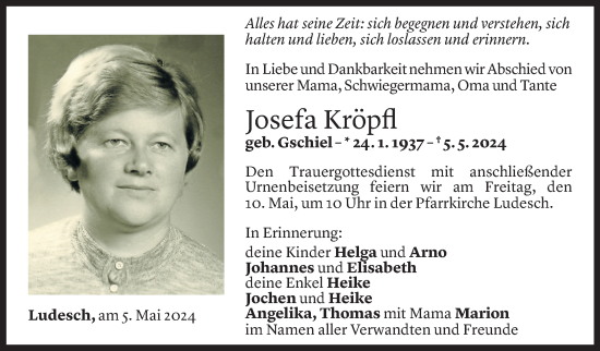 Todesanzeige von Josefa Kröpl von Vorarlberger Nachrichten
