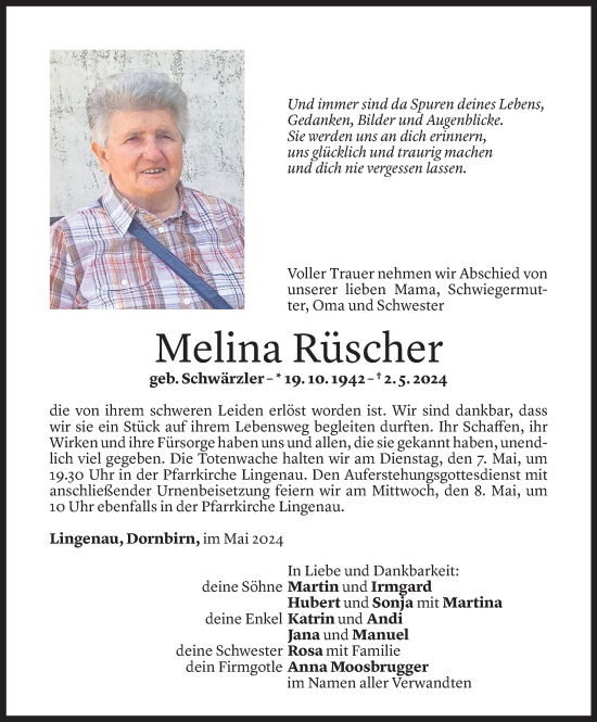 Todesanzeige von Melina Rüscher von Vorarlberger Nachrichten