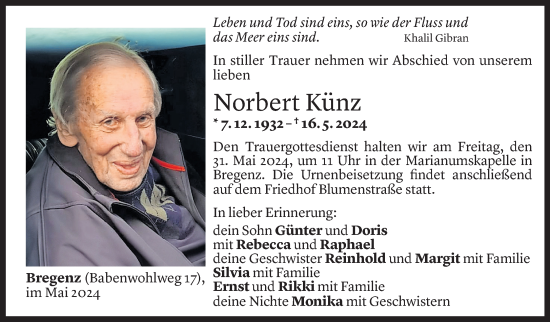 Todesanzeige von Norbert Künz von Vorarlberger Nachrichten