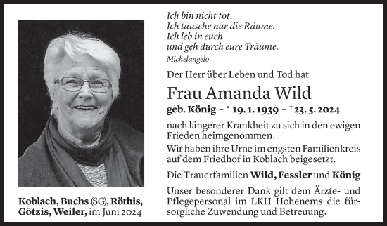 Todesanzeige von Amanda Wild von Vorarlberger Nachrichten