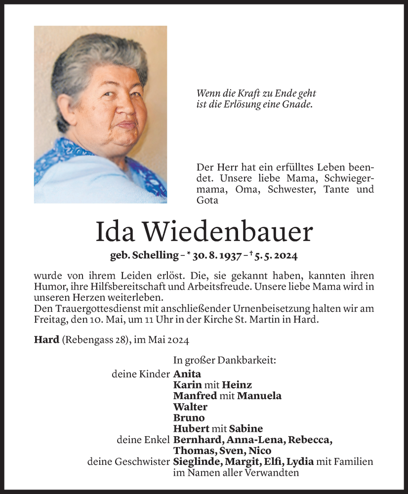  Todesanzeige für Ida Wiedenbauer vom 07.05.2024 aus Vorarlberger Nachrichten
