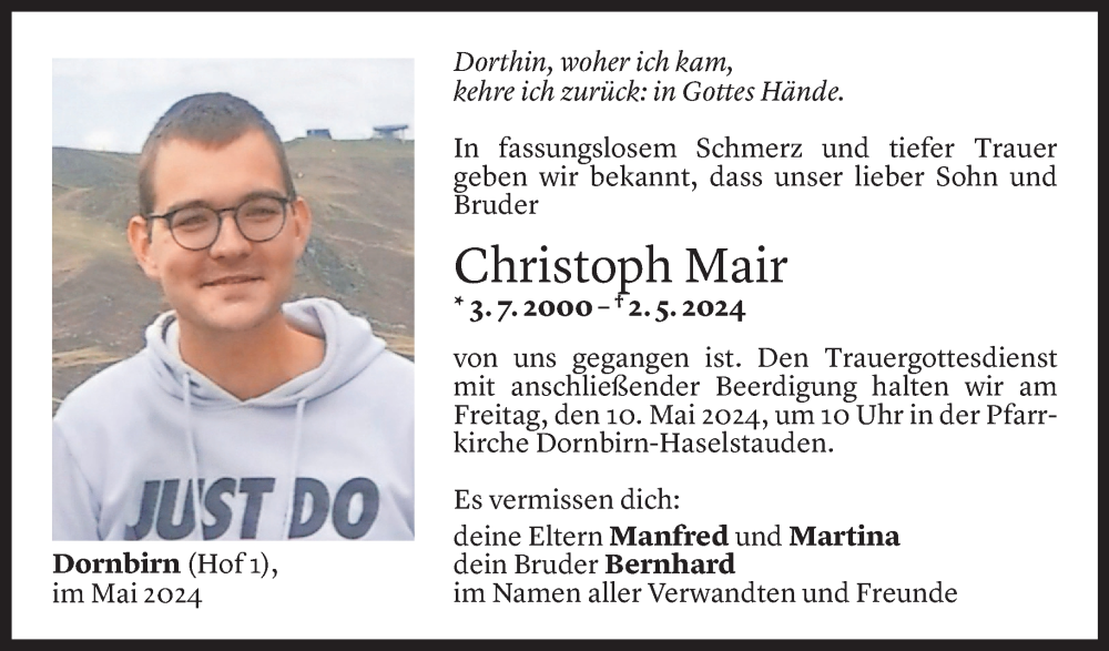 Todesanzeigen Von Christoph Mair | Todesanzeigen Vorarlberger Nachrichten