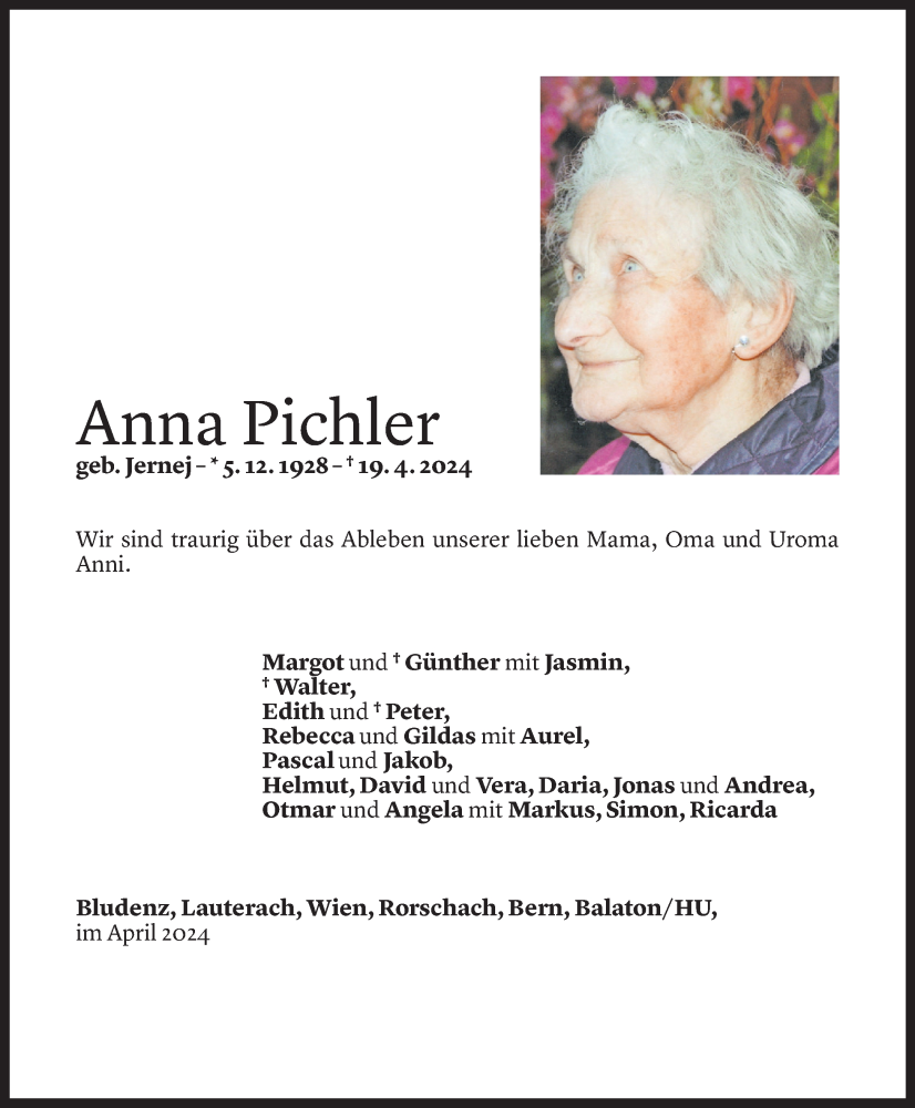  Todesanzeige für Anna Pichler vom 07.05.2024 aus Vorarlberger Nachrichten