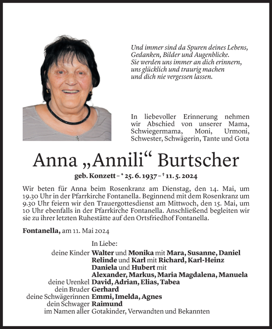 Todesanzeige von Anna Burtscher von Vorarlberger Nachrichten