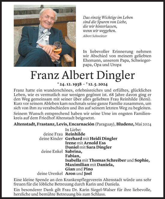 Todesanzeige von Franz Albert Dingler von Vorarlberger Nachrichten
