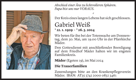 Todesanzeige von Gabriel Weiß von Vorarlberger Nachrichten